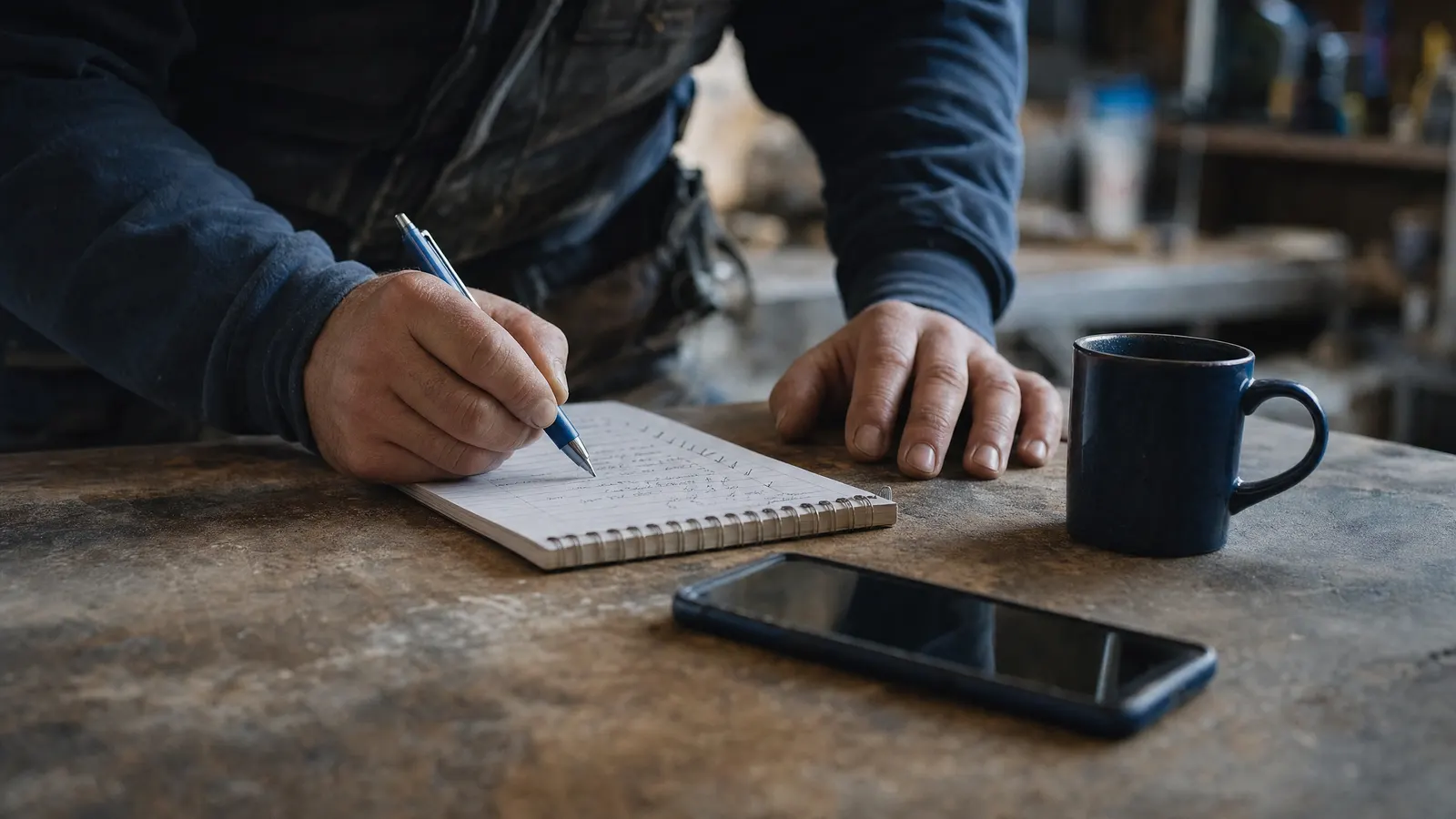 Notizblock mit handschriftlicher Liste neben Smartphone und Kaffeebecher