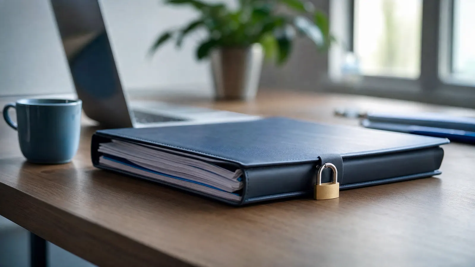 Aktenordner mit Vorhängeschloss auf einem Bürotisch