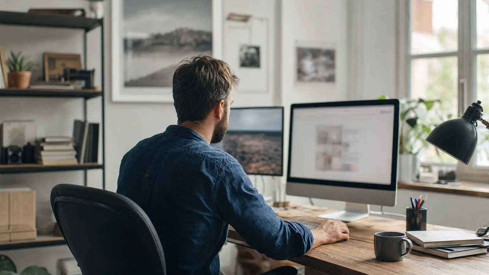 Webdesigner arbeitet an zwei Bildschirmen