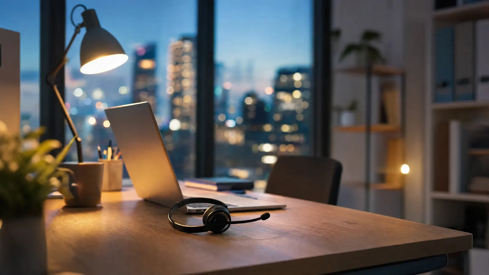 Leeres Büro am Abend mit abgelegtem Headset und aufgeklapptem Laptop