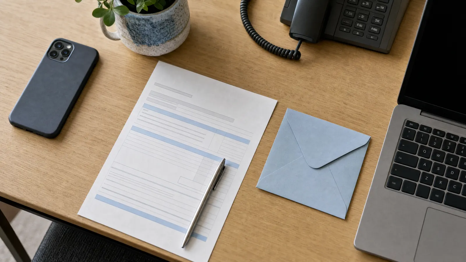 Schreibtisch mit Smartphone, Papierformular, Briefumschlag und Telefonhörer