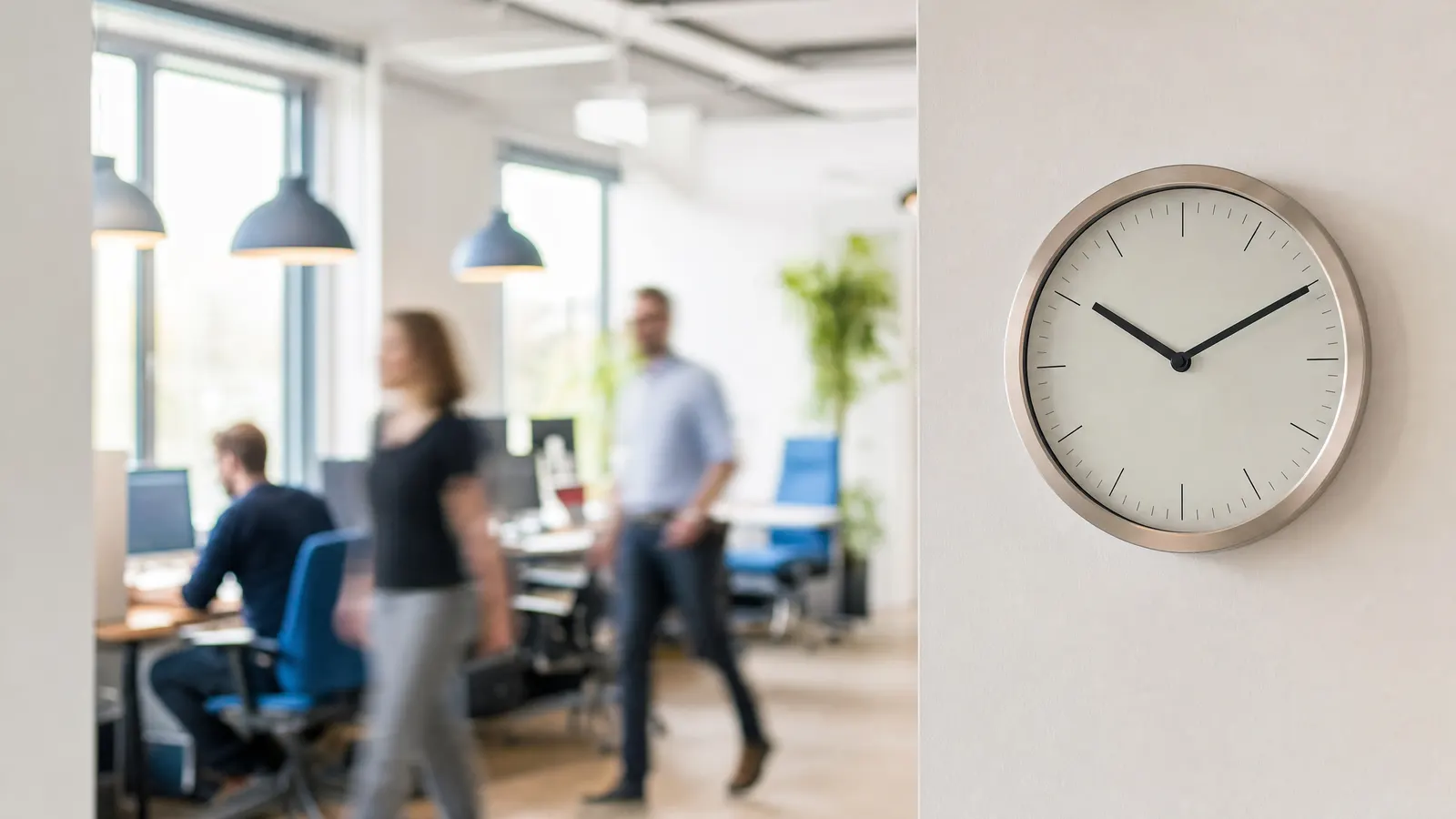 Wanduhr in einem hellen Büro, im Hintergrund unscharf Mitarbeitende