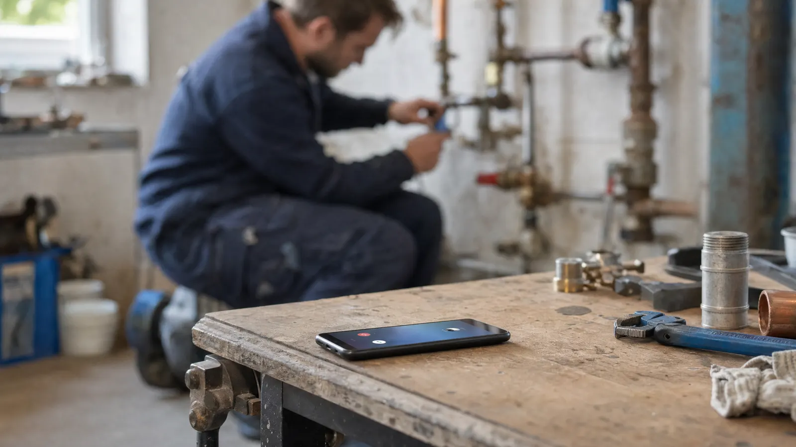 Klingelndes Smartphone auf der Werkbank, im Hintergrund ein Handwerker bei der Arbeit