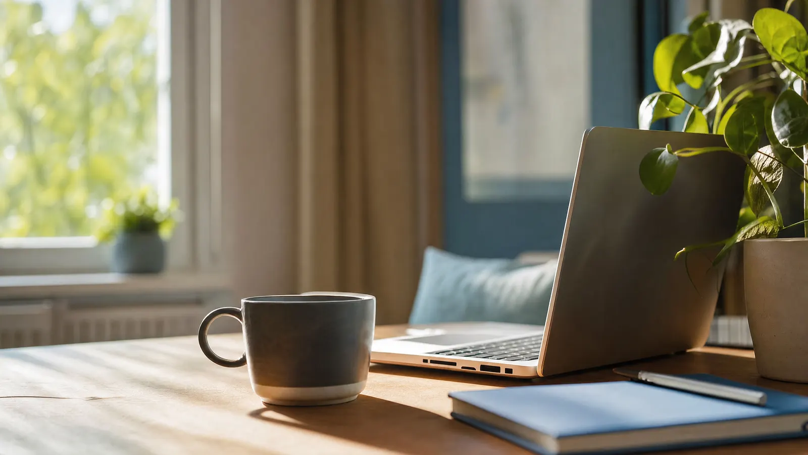 Kaffeetasse neben aufgeklapptem Laptop auf einem sonnigen Schreibtisch
